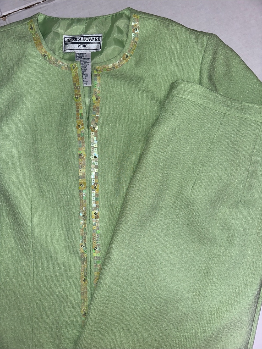 NEW Jessica Howard 8 Petite Outfit Sequin 2 Piece Set Lime Green Blazer Skirt